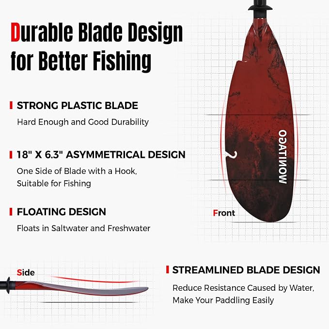 Angler Kayak Paddle Carbon Fiber Shaft and Plastic Blade, Floating Adjustable Fihsing Kayak Oar with Paddle Leash, 230-250cm/90-98 inch