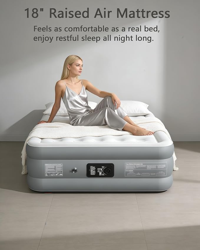 air Mattress Queen with Built in Pump – 18-Inch Thickened Inflatable Mattress for Easy Travel, Supports Up to 650 Pounds Pounds (Dark Gray, Queen)