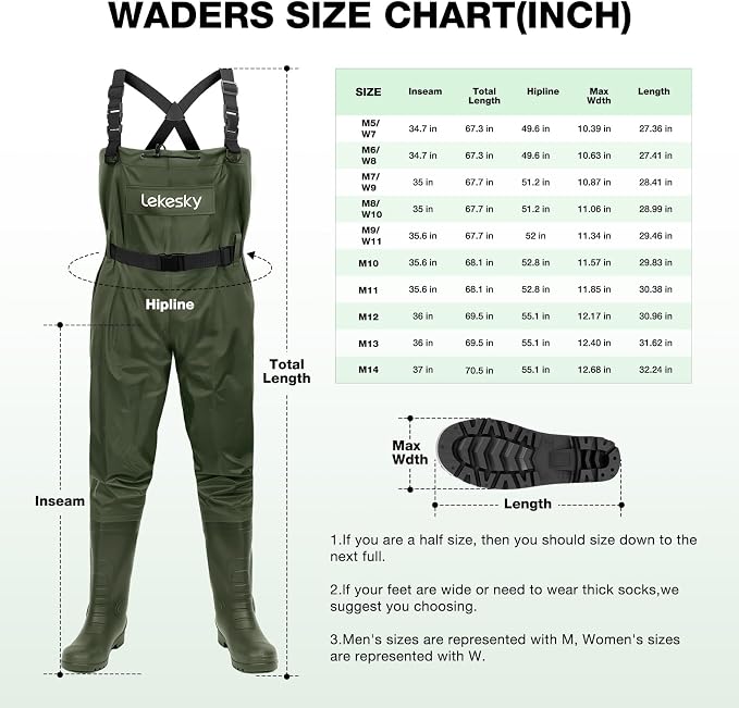 Lekesky Fly Fishing Chest Waders with Boots for Men Women, US Sizes 5–14,2-Ply Nylon/Pvc Waterproof Waders
