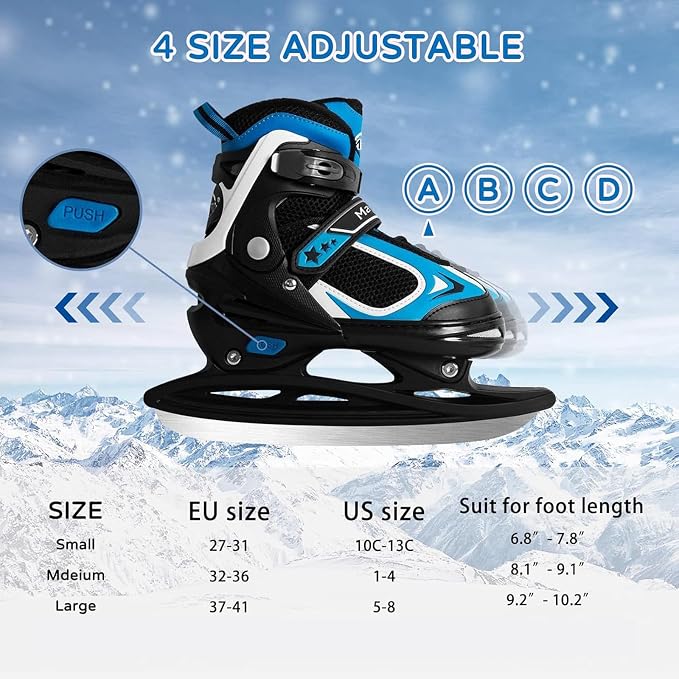 MammyGol Adjustable Ice Skates for Kids Youth Tean Hockey Lace-Up Boys or Girls Ice Skate for Beginner Age 4-12 Blue Black Teal Green