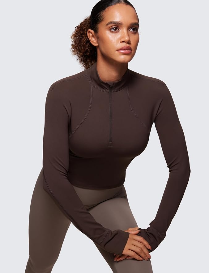 CRZ YOGA Butterluxe Half Zip Long Sleeve Shirts for Women - Workout Athletic Yoga Tops Crop Collared Quarter Zipper T-Shirt