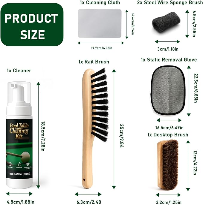 200ml Billiard Tables Cleaner Spray Set, Billiard Felt Cleaner Accessories with 2 Pool Table Brushes, 1 Steel Wire Sponge, 1 Cloth
