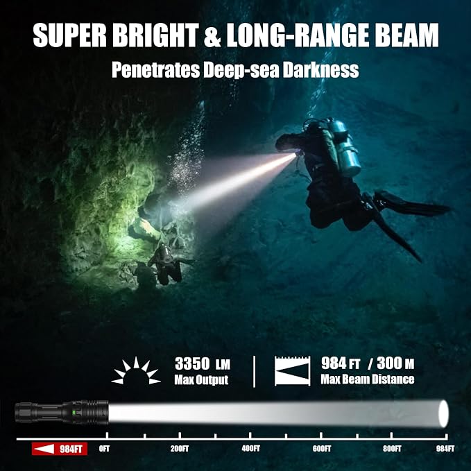 ULTRAFIRE Dive Light 3350 Lumens Rechargeable Scuba Diving Flashlight, IPX8 Waterproof Underwater Flashlight 100M Depth, 3 Modes with Magnetic Rotary Switch, for Snorkeling Night Diving Cave Safety
