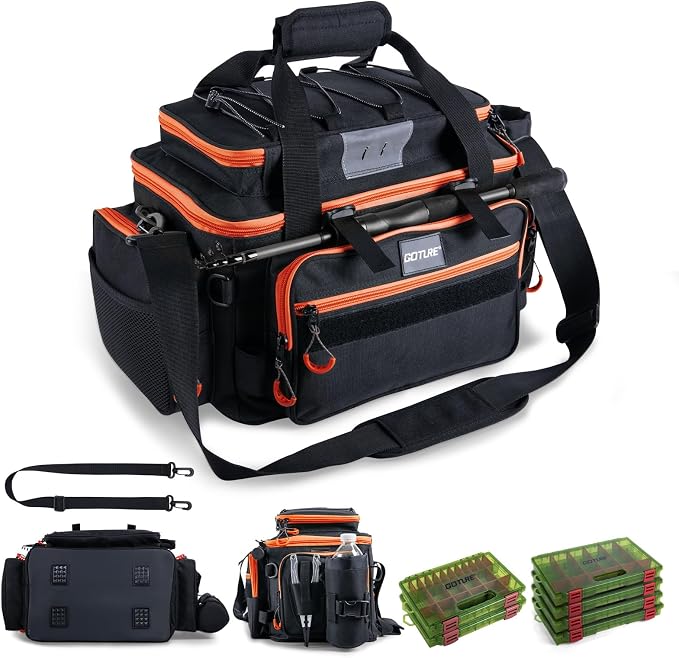 Goture Fishing Tackle Bag with 4PCS 3700 & 2PCS 3600 Tackle Boxes | 600D Water-Resistant, Rod Straps, Detachable Bottle Pouch,Waterproof Bottom, Freshwater & Saltwater Gear Storage Fishing Bag