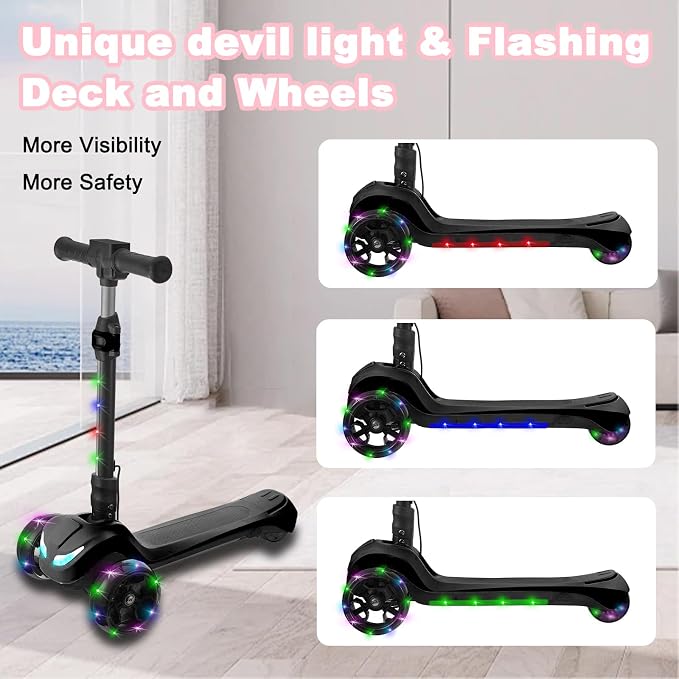 3 Wheel Electric Scooter for Kids Ages 3+, LCD Display, Colorful Lights, Reliable Thumb Throttle, 3 Adjustable Height, 5Mph Safe Speed and Long Range, Foldable Kids Electric Scooter