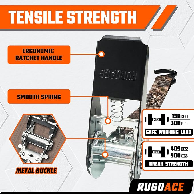 8PK Ratchet Tie Down Straps 1" x 10ft, 300lbs Load Capacity, 900lbs Break Strength, Durable for Moving Appliances, Lawn Equipment, Motorcycles, Cargo Trucks, Trailers & More, Camouflage