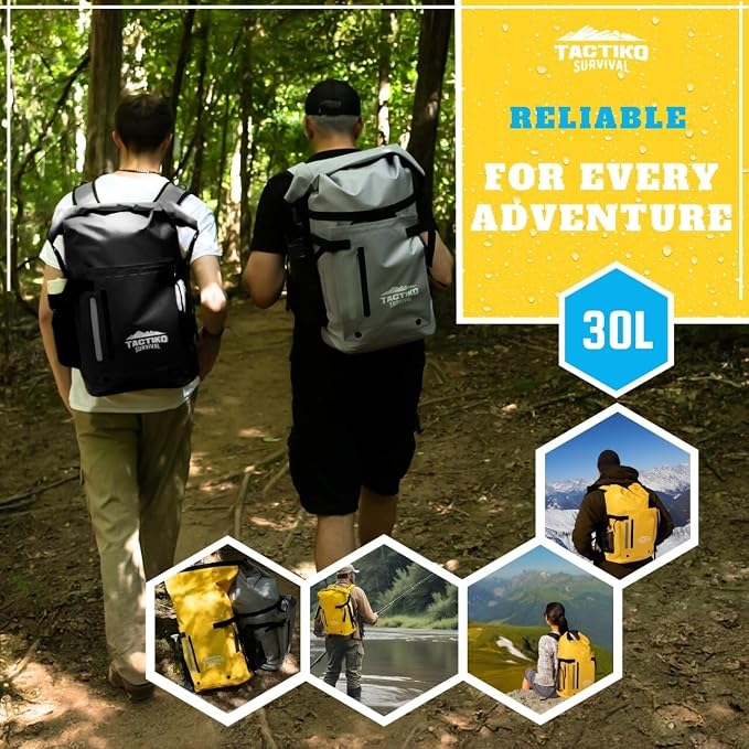 Tactiko Survival 30L Heavy-Duty 100% Waterproof Backpack - Equipment Pocket, Carabiner - Roll Top Floating Dry Bags (Jet Black)