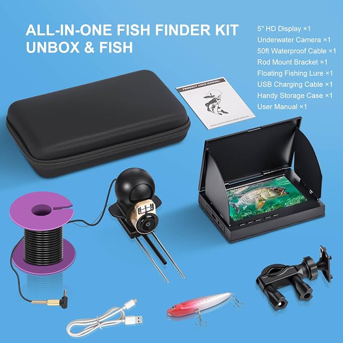 Fishing Camera 5" IPS 1080P 220° Angle 50ft Cable for Ice Lake Boat Kayak | 220° Ultra-Wide Lens, IR Night Vision, 6000mAh Battery, IP68 Waterproof, for Ice Lake Boat Kayak Pier Fishing
