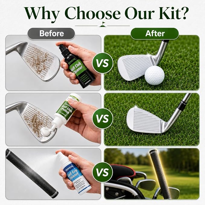 Pro Golf Club Care Kit – Cleaner, Polish, Brush, Groove Sharpener, Grip Cleaner, Magnetic Towel & Leather Bag – Restores Clubs, Removes Rust & Scratches, Renews Tackiness – Golf Gifts for Golfers