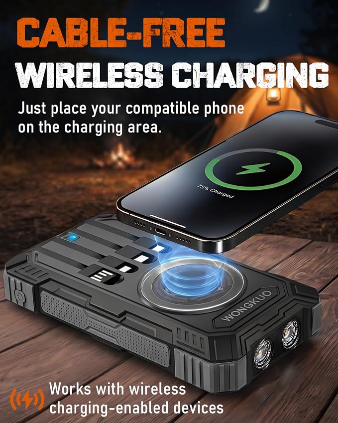 49800mAh Solar Charger Power Bank -Wireless, 4 Cables (Black) | IP65, Dual LED Flashlight, QC3.0, USB-C In/Out for Camping & Emergencies