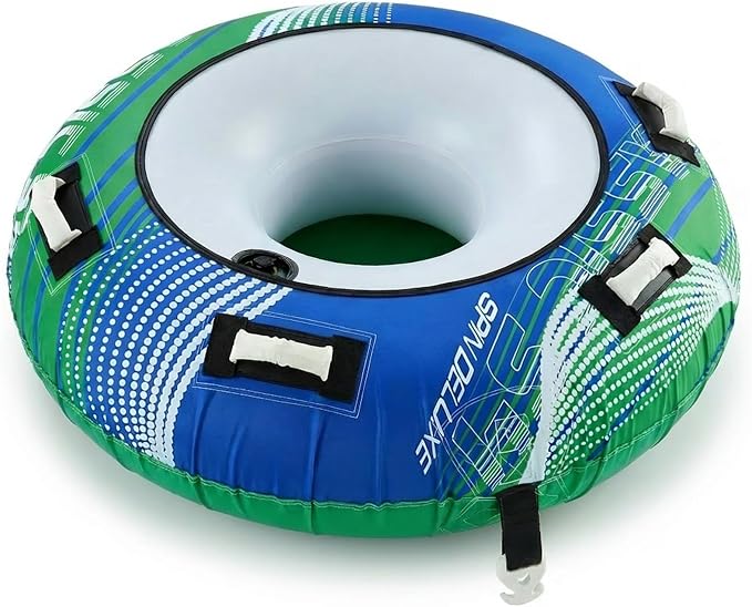 Zeraty Towable Tube for Boating 1-2 Riders, Heavy Duty Inflatable PVC Water Tube with 420D Nylon Cover & Reinforced Handles, Stable Deck Tube for Lake Ocean River, Towable for Water Sports Kids Adults