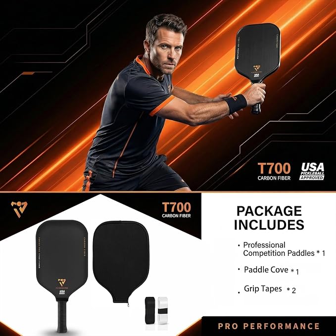T700 Carbon Fiber Pickleball Paddle, Pickleball Set 16mm Pickle Ball Rackets with CMS Matte Surface Lightweight Honeycomb Core & Durable Edge Frame Larger Sweet Spot