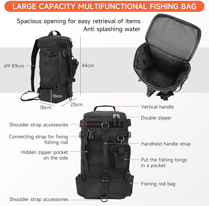 KOMCLUB Black Fishing Sling Tackle Storage Backpack, Large with Rain Cover‌ | Waterproof Outdoor Fishing Bag, Ideal Fishing Gifts for Men, Fits All-Day Fishing Trips