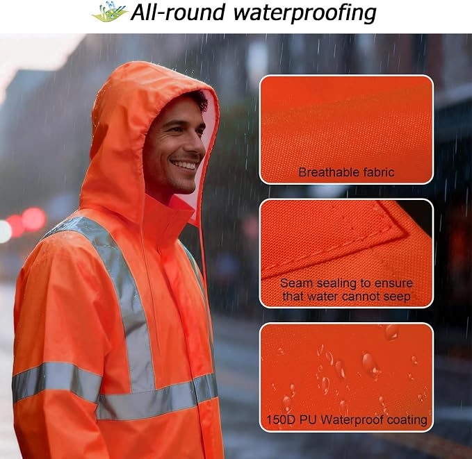 High Visibility Rain Jacket, High Vis Rain Suit for Men, Waterproof Rain Coat with Hood, Class 3 Lightweight Hi Vis Rain Gear for Outdoor & Safety Work, Men Women, Orange T, 2XL-3XL