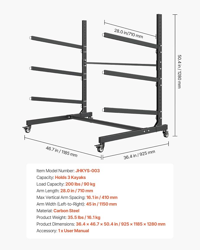 VEVOR Kayak Storage Rack, Heavy Duty Adjustable Freestanding Stand with Lockable Wheels for Indoor Outdoor Garage Shed Dock, Holder for Canoe, SUP, Surfboard & Paddleboard
