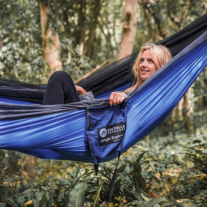Easthills Outdoors Jungle Explorer 118" x 79" Double Camping Hammock Lightweight Rip-Stop Parachute Nylon 2 Person Hammocks with Removable Bug Net, Tree Straps and Tarp Blue