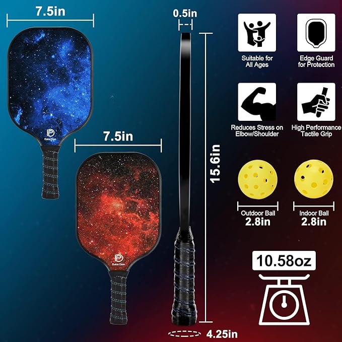 Dulce DOM Pickleball Paddles Set of 2/4 - USAPA Approved, 4 Indoor Outdoor Pickleball Balls, Fiberglass Surface Paddle Racket with Cover Bag, Ideal Training Equipment Gift for Men & Women