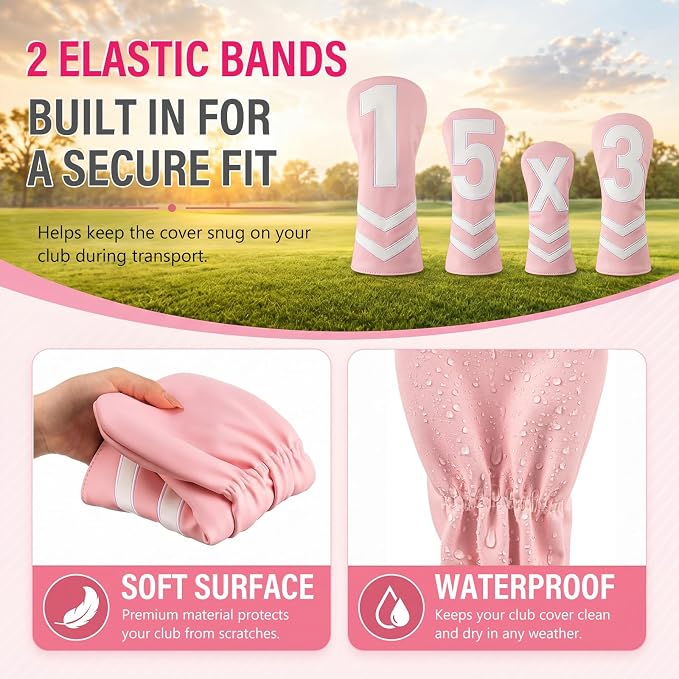 Liliful 6 Pcs Pink Golf Club Covers Set for Women, Pink V-Stripe Driver Fairway Wood Hybrid Headcovers, with Golf Towel Brush, Soft PU Leather, High Elastic Fit for Woman Ladies Gifts