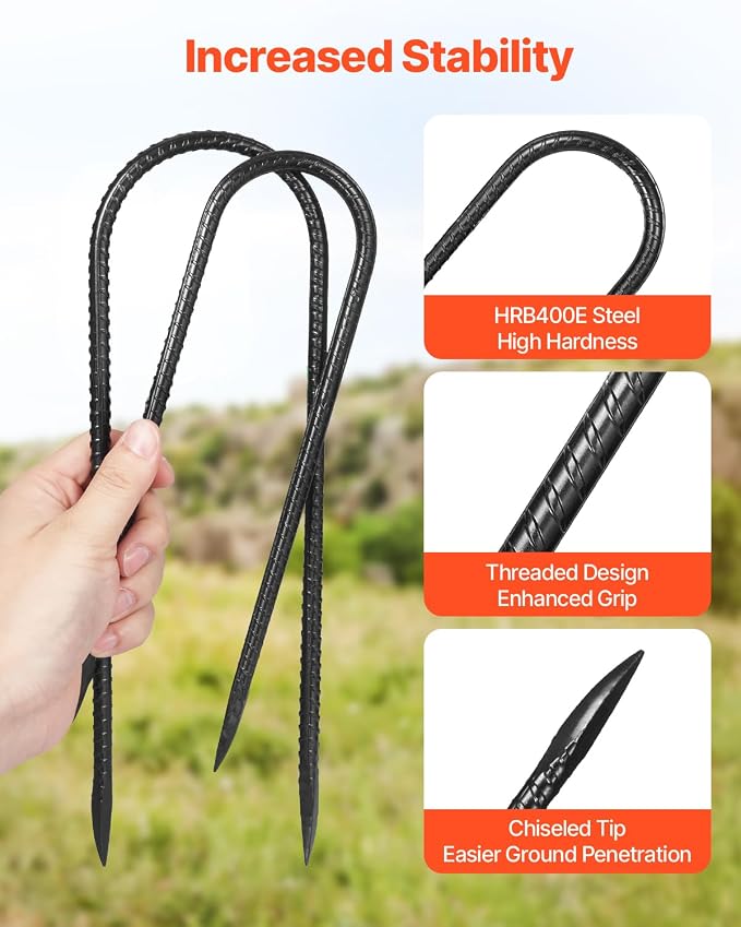 VEVOR Rebar Stakes, 10-Inch, Heavy-Duty 0.32 in Diameter U Shape, Galvanized Steel Ground Anchors with Chisel Point End & Rust-Resistant Coating, for Gardening Support, Fence, Camping Tents (12-Pack)