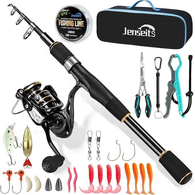 Jenseits 6Ft Spinning Fishing Rod Reel Combo, Freshwater Telescopic Kit | 5.2:1 Spinning Reel, Carbon Fiber Telescopic Rod, Includes Lures, Line & Carry Bag, Fish Gripper & Pliers for Beginner Angler