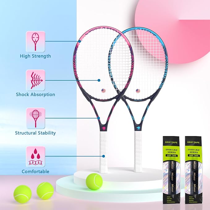 Adult 2 Player Tennis Racket Perfect for Beginner and Professional Players, 27” Speed Tennis Racquet Include Tennis Balls, Overgrips, Tennis Bag, Vibration Dampe, Cover