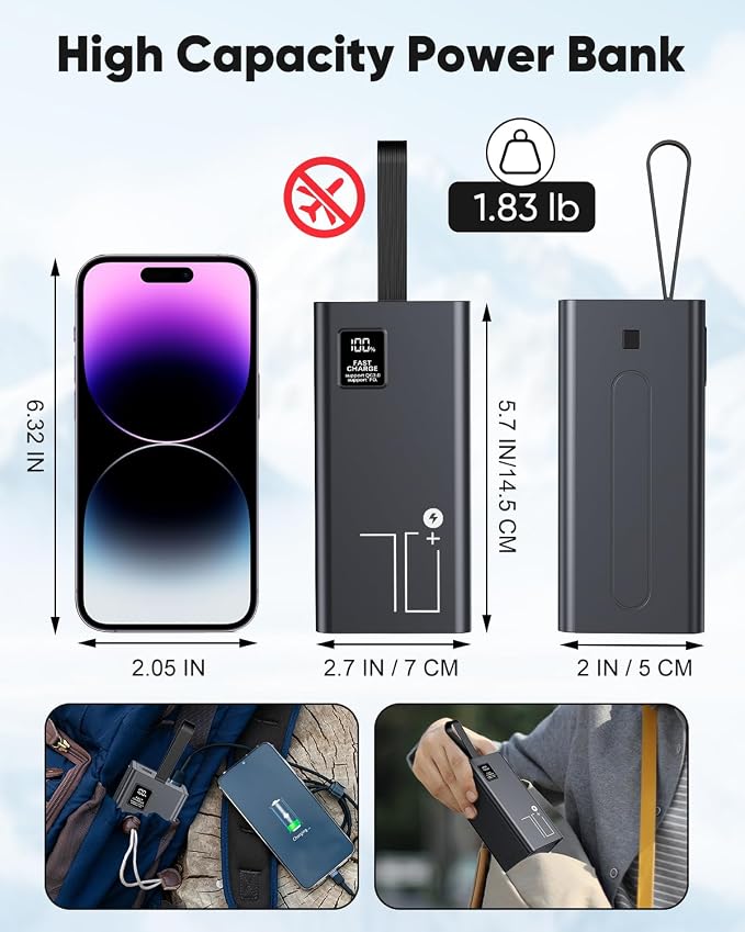 70000mAh Portable Charger Power Bank, 30W PD QC 3.0 Fast Charging USB C External Battery Pack, High Capacity Battery Bank with 5 Output & 2 Input for Smartphone Tablet