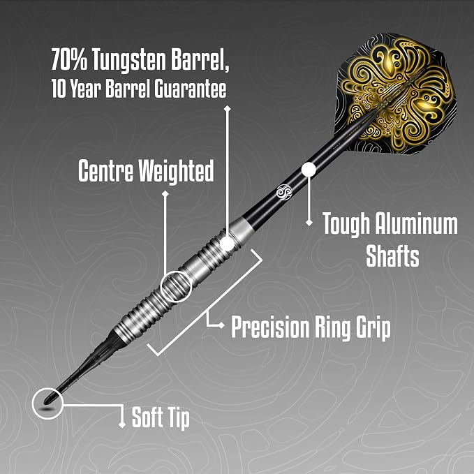 Shot! Darts Soft Tip TOA, 70% Tungsten Barrels, Center Weighted, Pro Throwing Darts for Maximum Aerodynamics Handcrafted Professional Dart Set and Flights Made in New Zealand, Plastic Tip Bar Darts