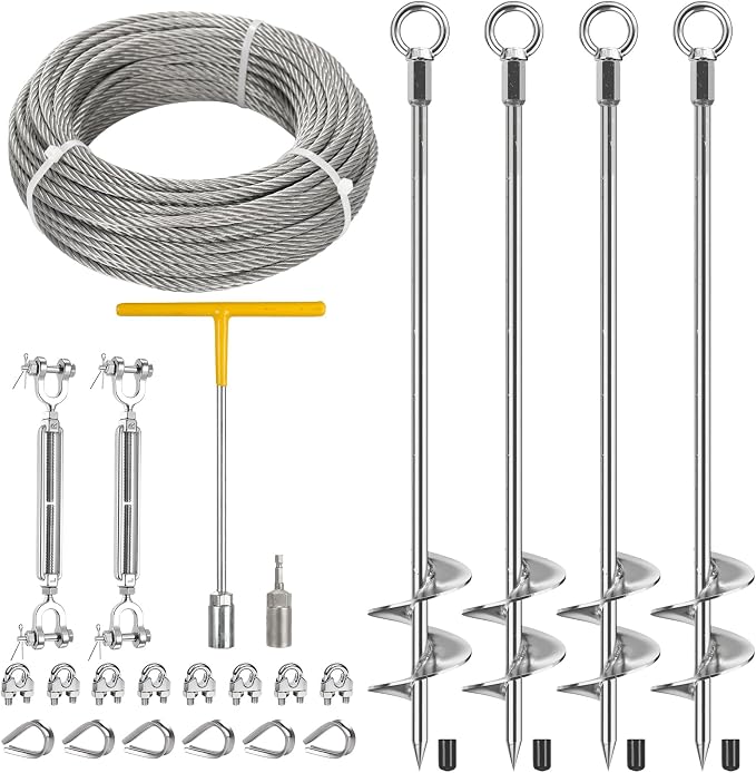 Ground Anchors Heavy Duty for High Wind Tie Down, 4 Pack 30" Shed Anchor Kit with1/4 Stainless Steel Cable & 2 Turnbuckles, Screw-in Trampoline Anchors for Swingset Carport Canopy Gazebo