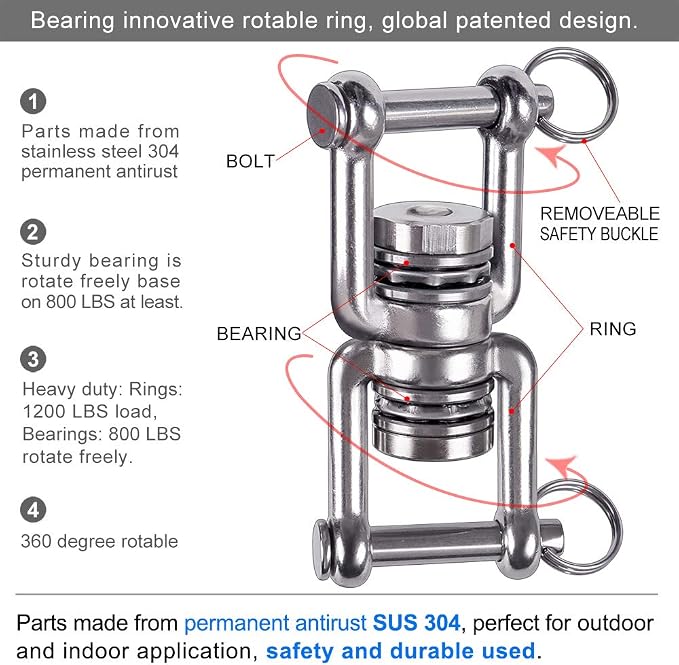 BeneLabel Dual Hanging Rings Hammock Swing Hanger, Swivel Stainless Steel Mounting Bearing Set D Shape Open Loop for Indoor Outdoor Playground Chair Yoga Rope Punching Bag Sandbag