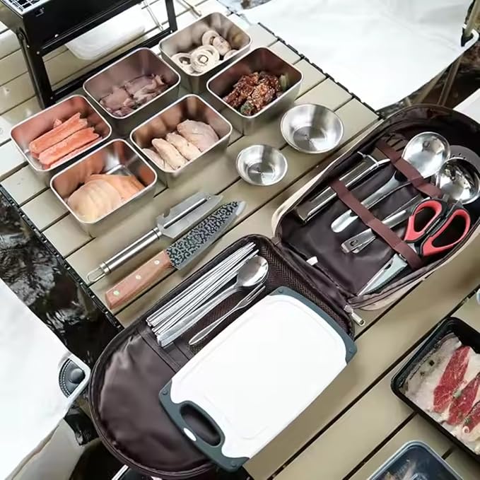 Portable 11-Pcs Stainless Steel Camping Kitchen Set – Outdoor Cooking & BBQ Utensils with Organizer Bag | Travel Cookware for RV, Hiking, Backpacking, Beach & Picnic Adventures