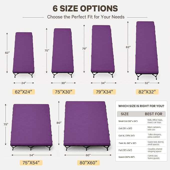 CYMULA Camping Cot Pad 2 Inch Memory Foam, Camping Pad for Folding Cot and Foldable Cot, Portable Roll Up Camp Gear for Car Camping Travel Tent, Non-Slip Waterproof Bottom, Removable Cover, Pad Only