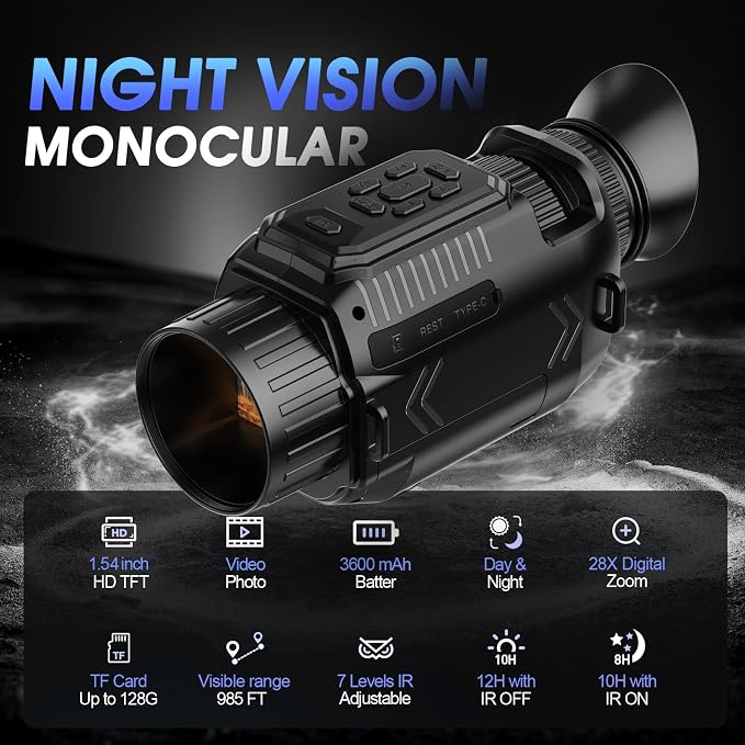 4K Night Vision Monoculars, Night Vision for Adults with WiFi, Infrared Monocular Inculde Upgrade Macro Lens Attachment, 68MP Image, 28X Digital Zoom 3600mAh Rechargeable Battery Black