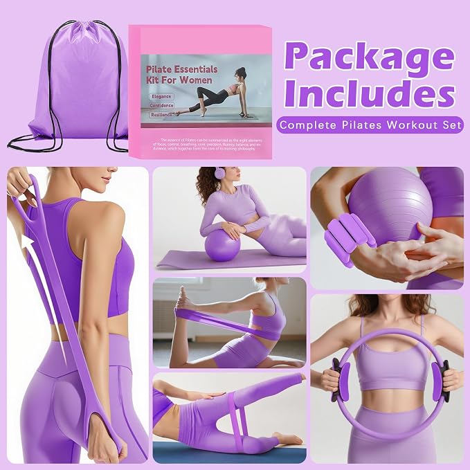 Pilates Kit for Home Workouts – Pilates Equipment Set with Ring, Ball, Resistance Bands, Pilates Accessories, Pilates Essentials Kit for Women, Pilates Sets for Home Exercise