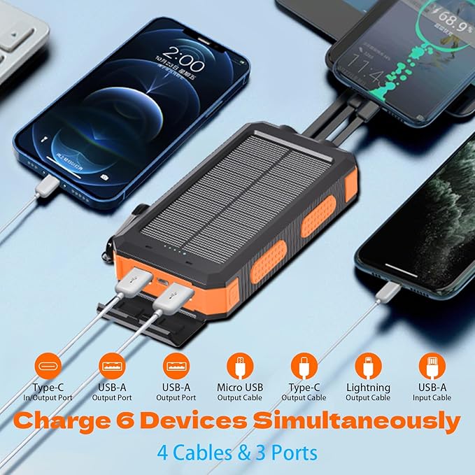 Solar Power Bank 20000mAh, 4 Built-in Cables, Portable Phone Charger