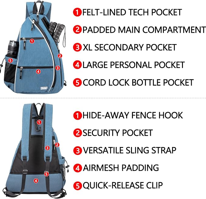 Sucipi Pickleball Bag - Men's & Women's Pickleball Backpack, Adjustable Sling Bag w/Fence Hook/Large Capacity/Safety Pocket