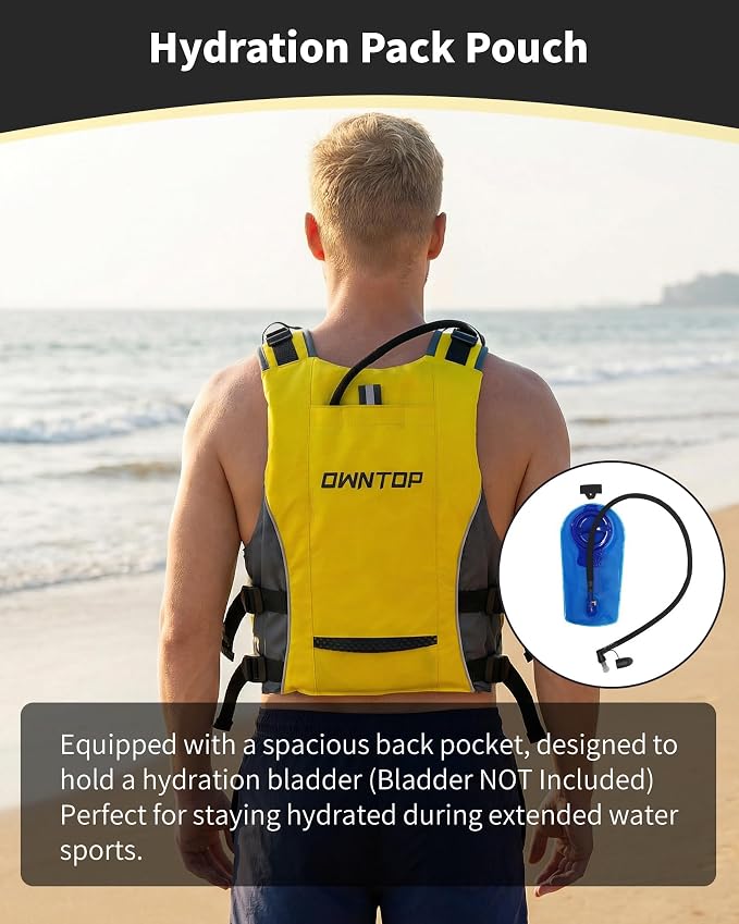Owntop Swim Jacket Adult Youth | Hydration Pack | Dual Mesh Pockets | Attached Whistle | Ultra-Thin for Freer Movement | Kayak, Boating, Fishing, All Watersports