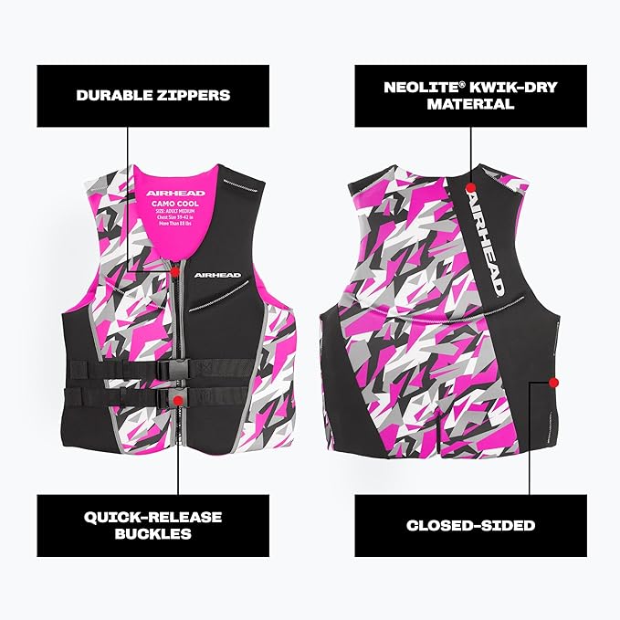 Airhead CAMO Cool Kwik-Dry Neolite Flex Life Jacket for Adults - USCG Approved Life Vest for Women & Men, Lightweight Flexible Watersports Vest for Boating, Wakeboarding, Kayaking & Jet Skiing