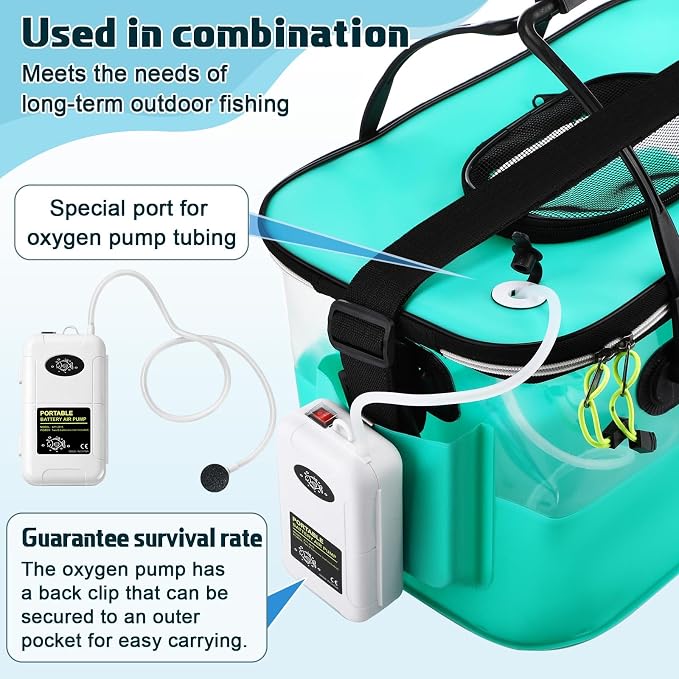 3 Pcs Fishing Bucket, Live Bait Aerator and Fishing Cast Net with Heavy Duty Sinker Foldable Live Bait Bucket Portable Quiet Aerator Fish Transport Container Outdoor EVA Bag
