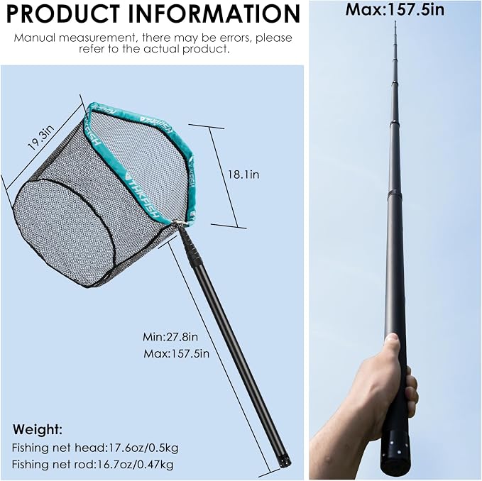 THKFISH Carbon Fiber Fishing Net - Long Handle, Portable Telescopic Landing Net - 27 to 157.5 Inch - Aluminum Mesh Frame Rubber Coated