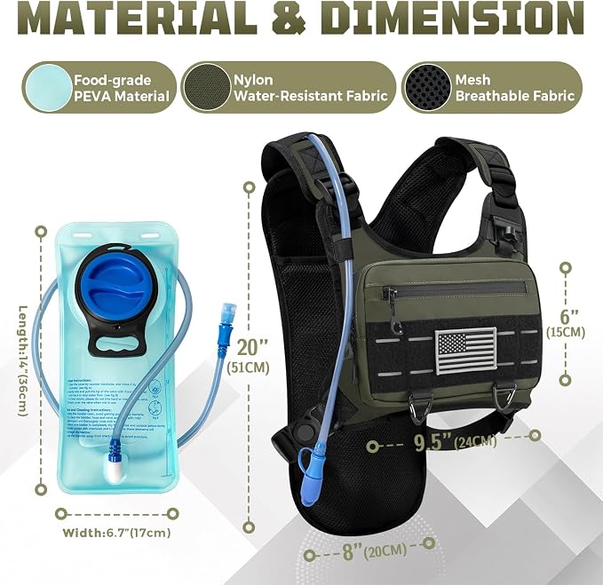 Running Hydration Vest with 2L Water Bladder， Lightweight Adjustable Hydration EDC Chest Pack for Men and Women, Water Backpack for Hiking, Cycling