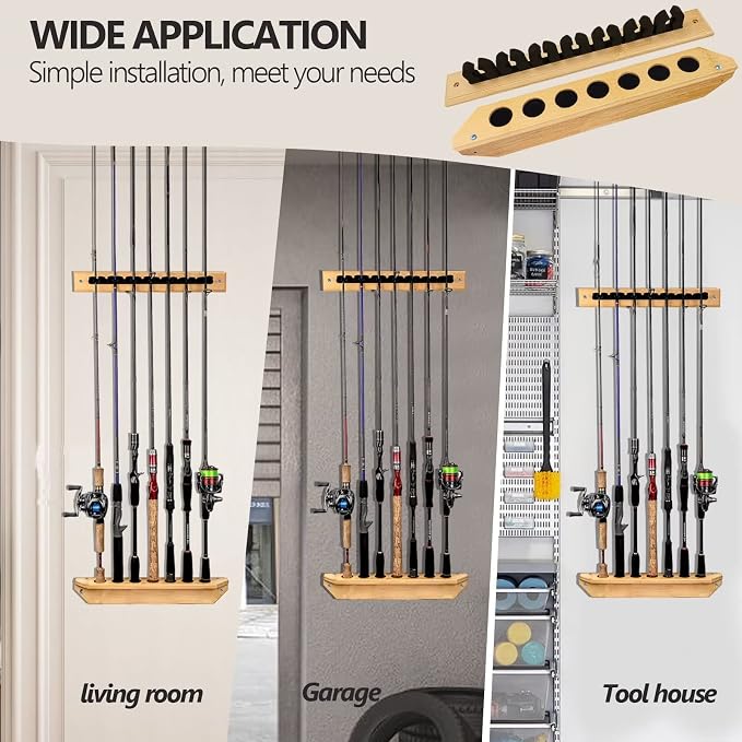 THKFISH Fishing Rod Racks Fishing Rod Holders for Garage Wood Fishing Pole Wall Rack Store 7 Fishing Rod Combos,1 Pair