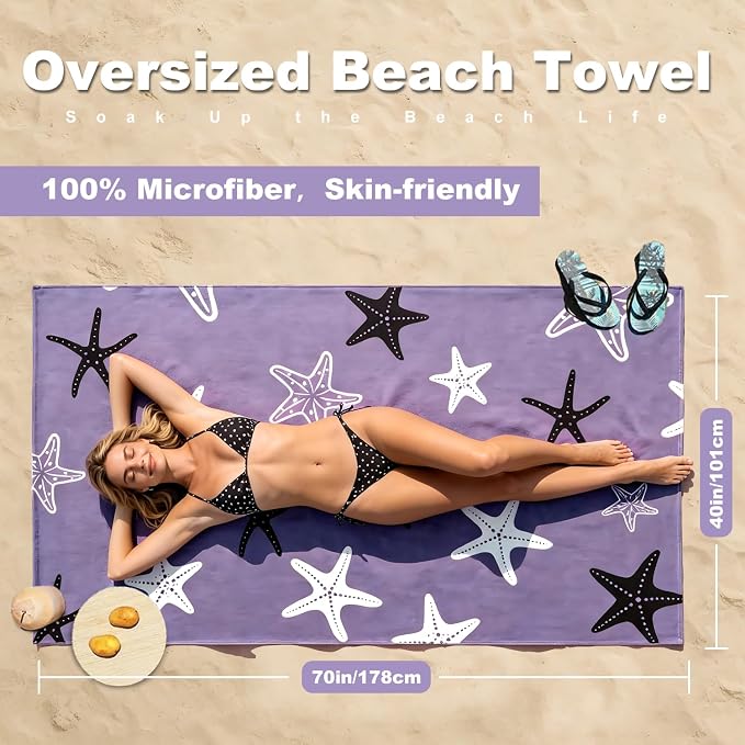 Jessy Home Microfiber 4 Pack Beach Towel Set, 40x70in Oversized Beach Towel, Quick-Dry Sand-Free Highly Absorbent Swim Towel, Soft Pool Towel, Marine Mixed Prints of Starfish & Sea Turtle for Vacation