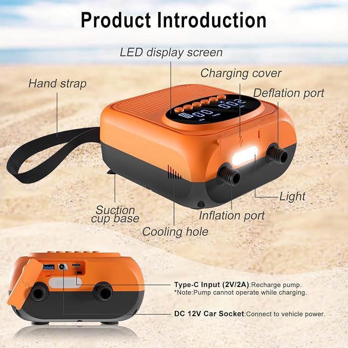 20PSI Electric Paddle Board Pump, Smart Rechargeable SUP Pump with DC 12V Car Connector, Inflation and Deflation Air Pump with Auto-Off for SUP, Kayaks, Tents, Air Mattress, Pool Floats, Inflatables