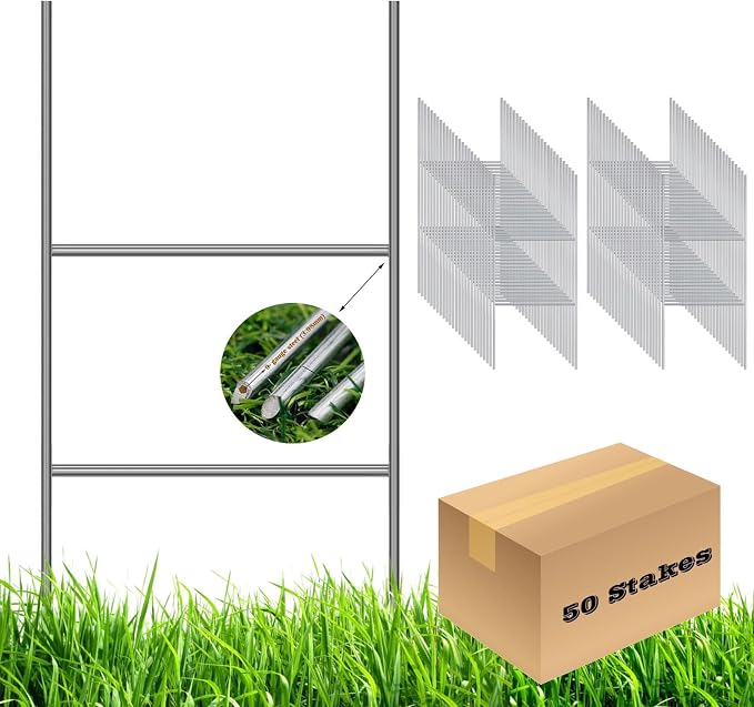 50 Pack H Frame Wire Stakes 20 x10 inch 9 Gauge Galvanized Wire -Yard Sign Stakes Fit for 4mm, 5mm Corrugated Signs, Heavy Duty Metal Step Stakes