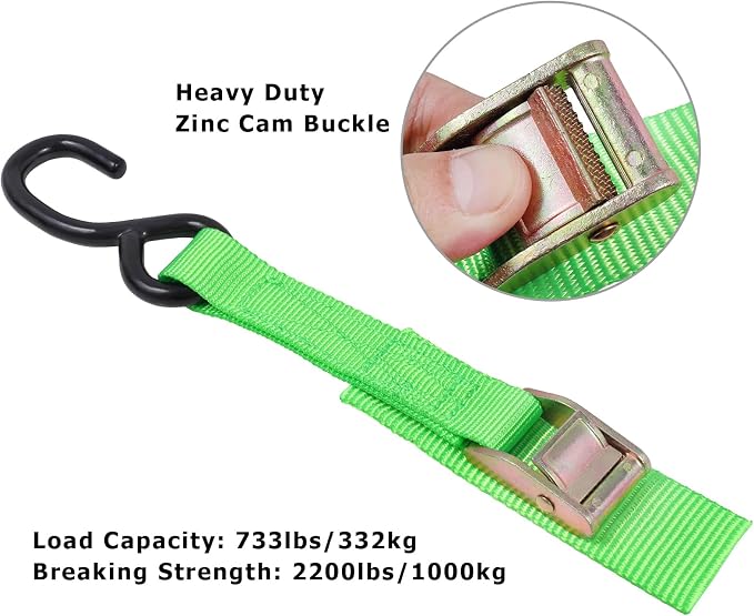 Ayaport Cam Buckle Tie Down Straps 10 feet 2200lbs Break Strength Green Securing Straps with S Hooks for Motorcycle, Kayak, Car, Truck, Dirt Bike