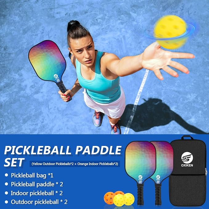 Pickleball Paddles Set of 2, USAPA Approved Carbon Fiber Pickle Ball Paddle (CHS) Polypropylene Honeycomb Core, Anti Slip Sweat Absorbing Grip, 2 Outdoor Pickleball, 2 Indoor Pickleball, Bag