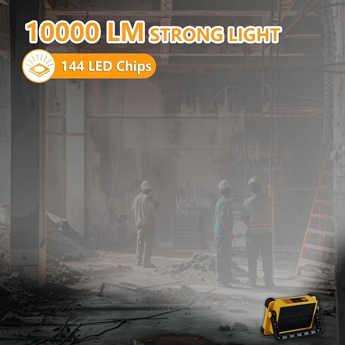 120W LED Solar Work Light, 144 LED 10000LM Portable Flood Light with Stand, 4 Modes Rechargeable, IP65 Waterproof Outdoor Working Light for Camping, Fishing, Car Repair & Mechanics (Yellow)