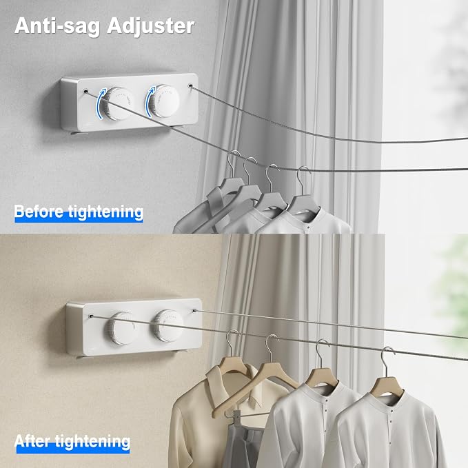 MUSTORN Retractable Twin Clothesline Indoor, Non-Sagging Outdoor Clothes Line Retracting Heavy Duty Clothes Drying Laundry Line Wall Mounted Stainless Steel Line-13.8Feets(Double Line-White)
