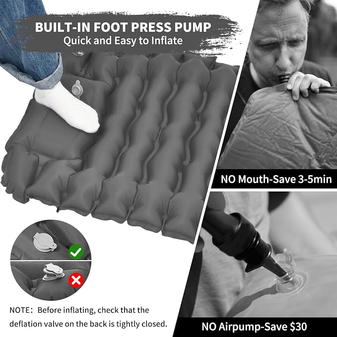 Camping Sleeping Pad, Connectable Design for Double Mat, Ultralight Inflatable Sleeping Mat with Pillow, Built-in Foot Pump, Portable Camping Air Mattress for Backpacking Hiking Tent (Grey)
