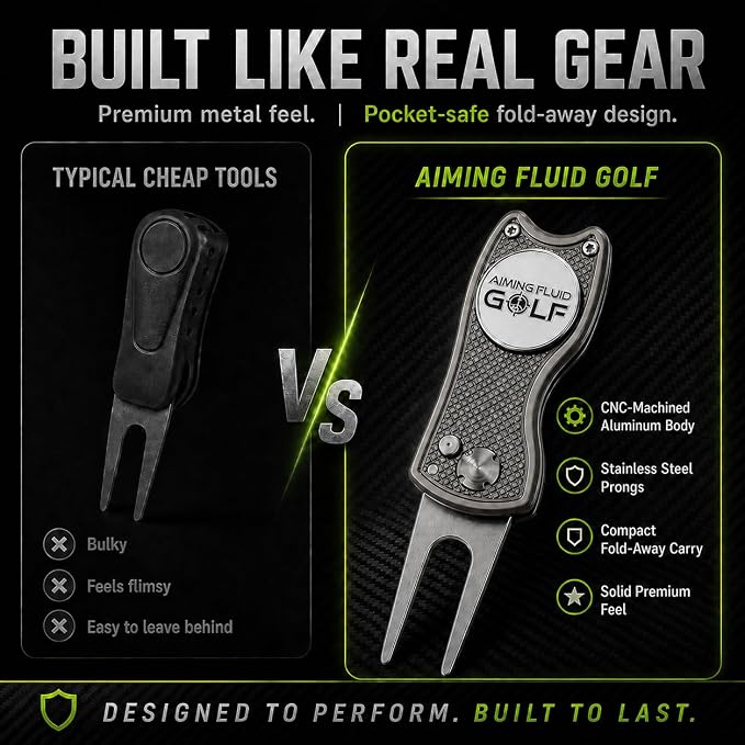 Golf Divot Repair Tool — 5-in-1 Golfing Ball Marker, Pitch Mark Repair, Putting Alignment, Club Tee, and Groove Cleaner, Accessory Metal Switchblade Design - Ideal Gift for Golfers